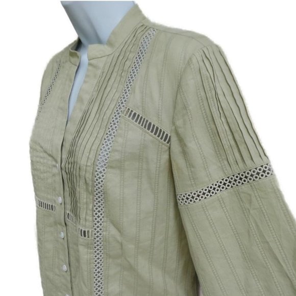 Club Monaco Blouse Button Front Beige Pintuck Inset Lace Macrame Band Collar S - Picture 1 of 7
